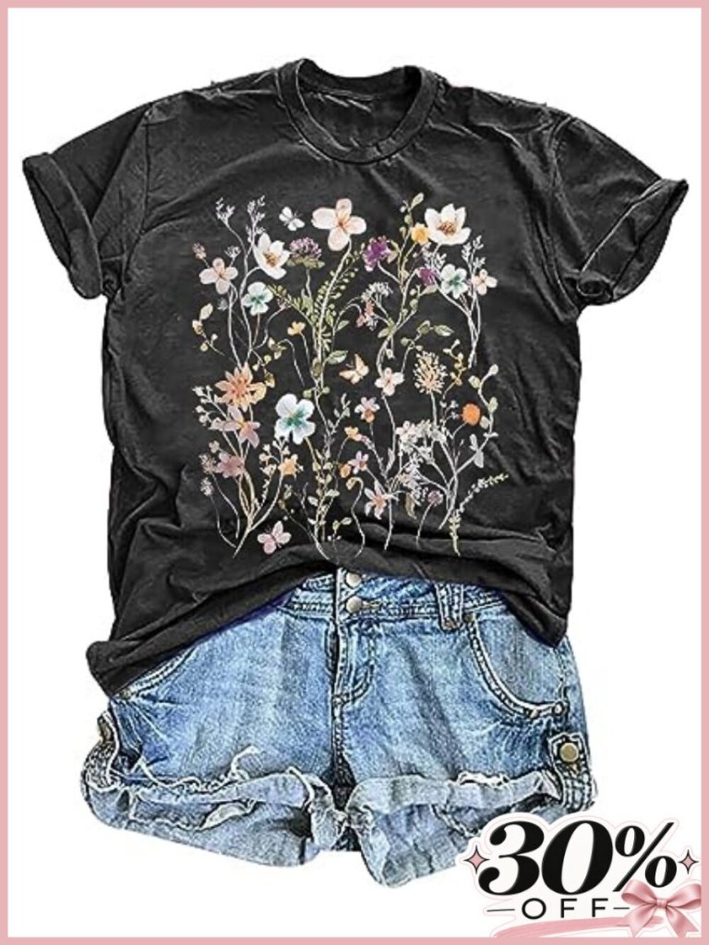 Floral Graphic Tee Loose Fit Casual Crew Neck Women's Short Sleeve Boho Shirt